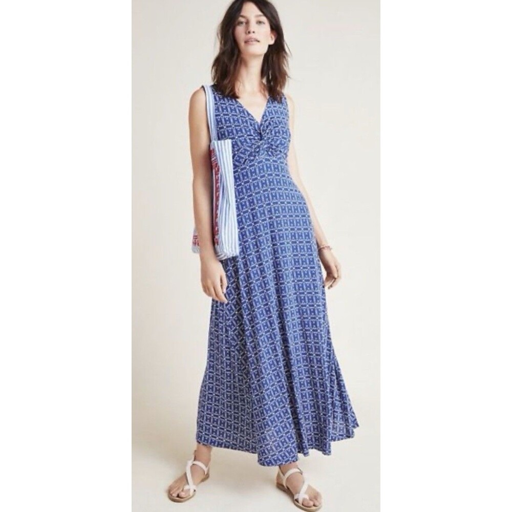 MAEVE Anthropologie Camilla Blue Motif Maxi Dress V Neck Knot Front Stretch XS